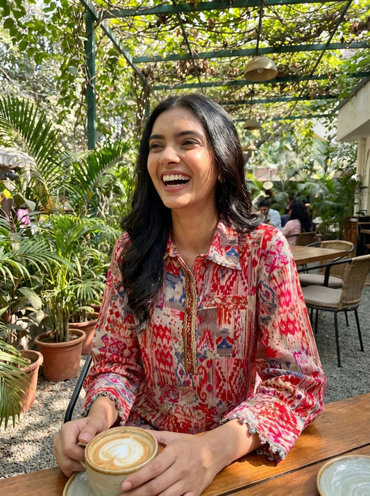 Kira Orange Abstract Printed Viscose Co-Ord Set with Shisha Embroidered Placket and Coin-Pearl Detailing