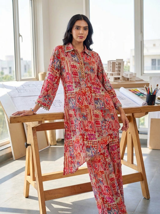 Kira Orange Abstract Printed Viscose Co-Ord Set with Shisha Embroidered Placket and Coin-Pearl Detailing