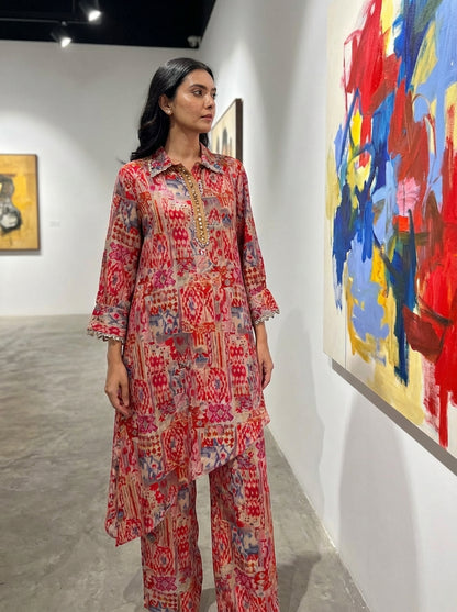 Kira Orange Abstract Printed Viscose Co-Ord Set with Shisha Embroidered Placket and Coin-Pearl Detailing