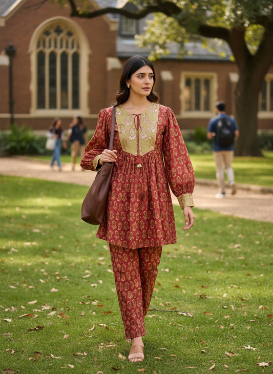 Kira Peach Viscose Paisley Printed Co-Ord Set with Sequin Embellished Yoke and Tassel Tie-Up