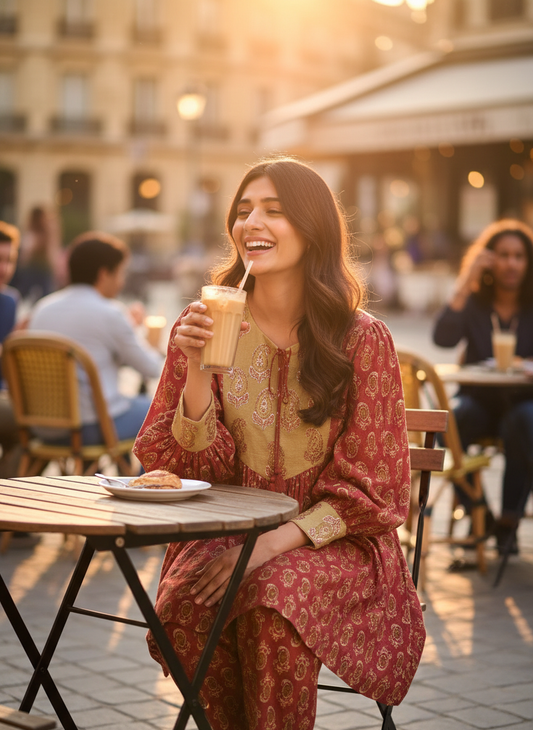 BulBul Women Peach Embroidered Paisley Printed Co-ord Set