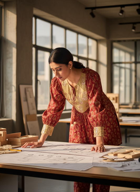 Kira Peach Viscose Paisley Printed Co-Ord Set with Sequin Embellished Yoke and Tassel Tie-Up