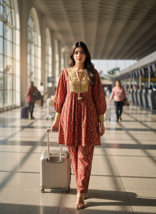 Kira Peach Viscose Paisley Printed Co-Ord Set with Sequin Embellished Yoke and Tassel Tie-Up