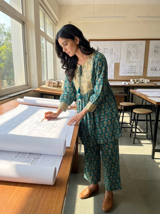 Kira Blue Viscose Paisley Printed Co-Ord Set with Sequin Embellished Yoke and Tassel Tie-Up