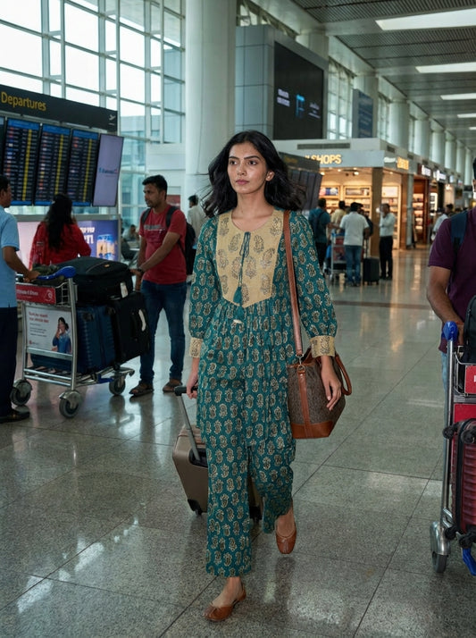 Kira Blue Viscose Paisley Printed Co-Ord Set with Sequin Embellished Yoke and Tassel Tie-Up