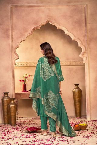 Kuhu Green Hand Zari Dori & Resham Thread Embroidered Suit Set with Sequin Detailing and Jacquard Dupatta in Pure Muslin with Soft Cotton Mul Lining