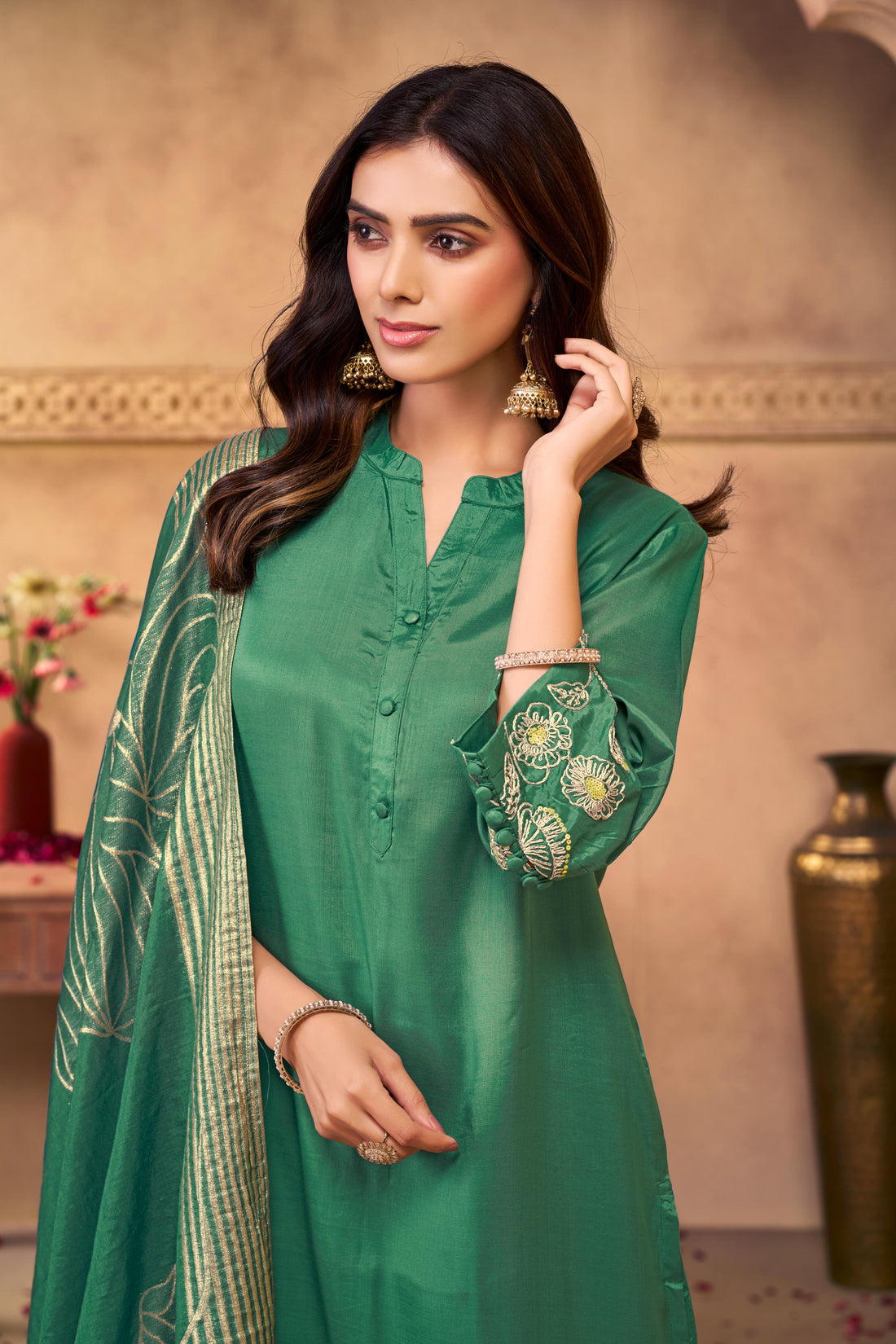 Kuhu Green Hand Zari Dori & Resham Thread Embroidered Suit Set with Sequin Detailing and Jacquard Dupatta in Pure Muslin with Soft Cotton Mul Lining