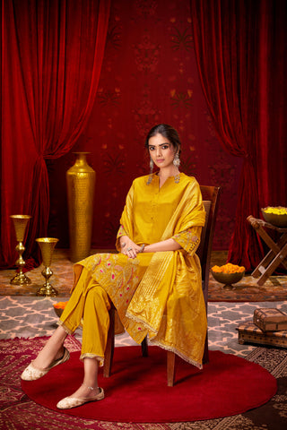 Kuhu Mustard Hand Zari Dori & Resham Thread Embroidered Suit Set with Sequin Detailing and Jacquard Dupatta in Pure Muslin with Soft Cotton Mul Lining