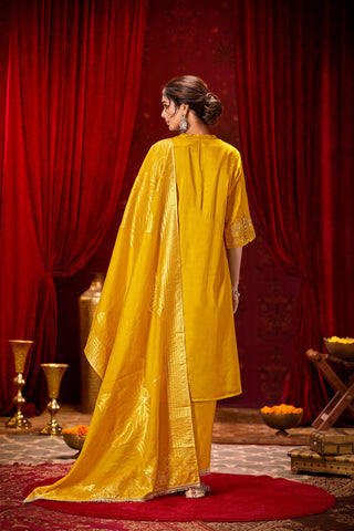 Kuhu Mustard Hand Zari Dori & Resham Thread Embroidered Suit Set with Sequin Detailing and Jacquard Dupatta in Pure Muslin with Soft Cotton Mul Lining