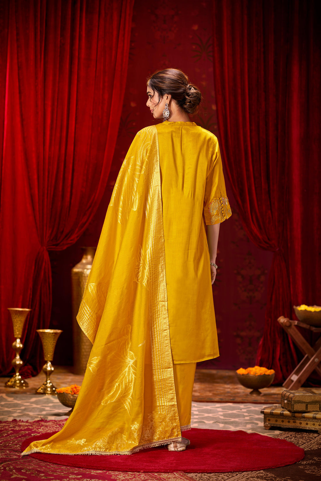 Kuhu Mustard Hand Zari Dori & Resham Thread Embroidered Suit Set with Sequin Detailing and Jacquard Dupatta in Pure Muslin with Soft Cotton Mul Lining