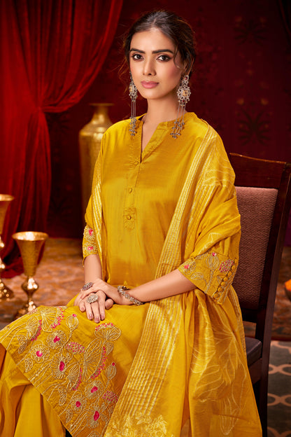 Kuhu Mustard Hand Zari Dori & Resham Thread Embroidered Suit Set with Sequin Detailing and Jacquard Dupatta in Pure Muslin with Soft Cotton Mul Lining