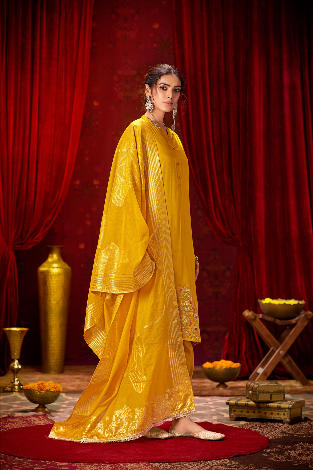 Kuhu Mustard Hand Zari Dori & Resham Thread Embroidered Suit Set with Sequin Detailing and Jacquard Dupatta in Pure Muslin with Soft Cotton Mul Lining