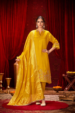 Kuhu Mustard Hand Zari Dori & Resham Thread Embroidered Suit Set with Sequin Detailing and Jacquard Dupatta in Pure Muslin with Soft Cotton Mul Lining