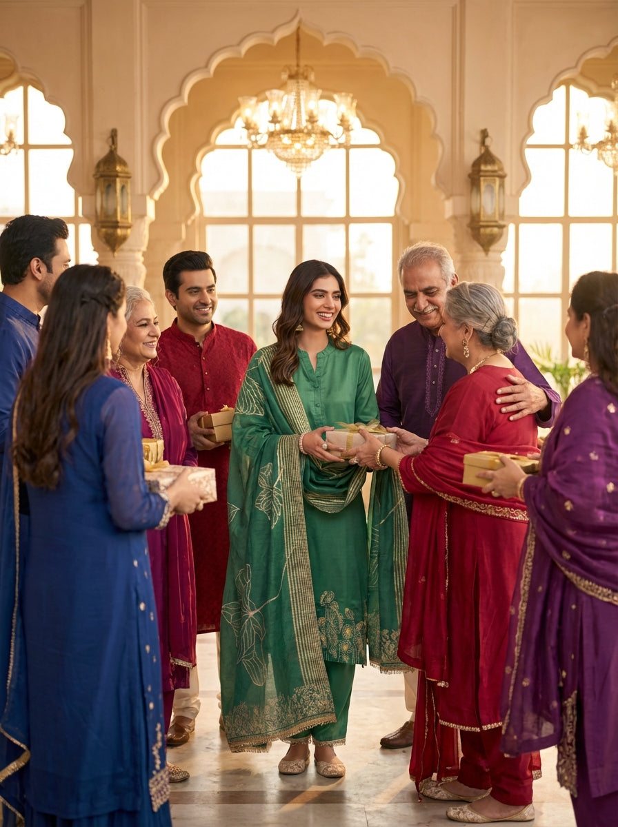 Kuhu Green Hand Zari Dori & Resham Thread Embroidered Suit Set with Sequin Detailing and Jacquard Dupatta in Pure Muslin with Soft Cotton Mul Lining