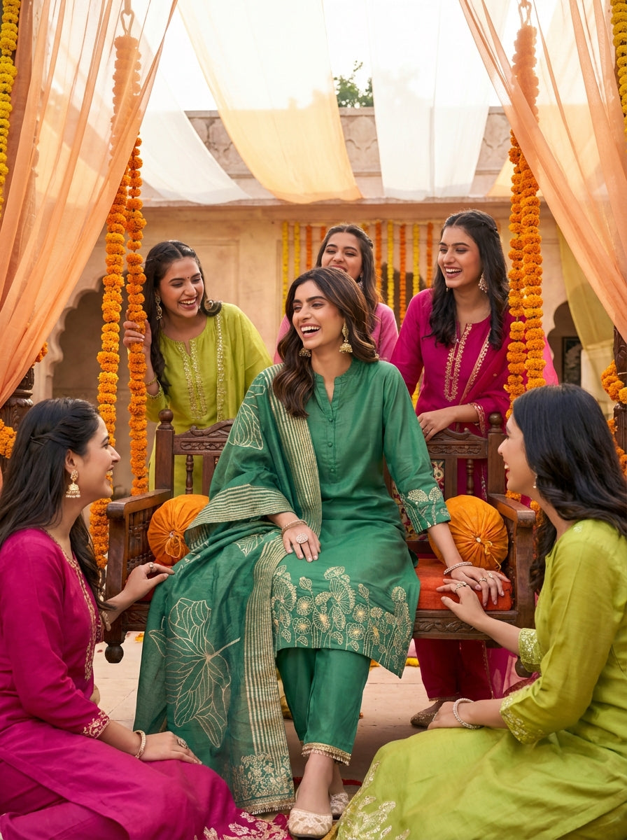 Kuhu Green Hand Zari Dori & Resham Thread Embroidered Suit Set with Sequin Detailing and Jacquard Dupatta in Pure Muslin with Soft Cotton Mul Lining