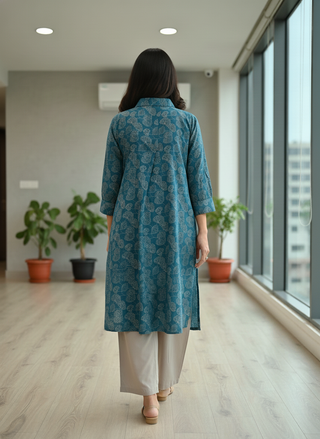 Lily Teal Viscose Kurta Set with Botanical Floral Print and Shirt Collar Neck
