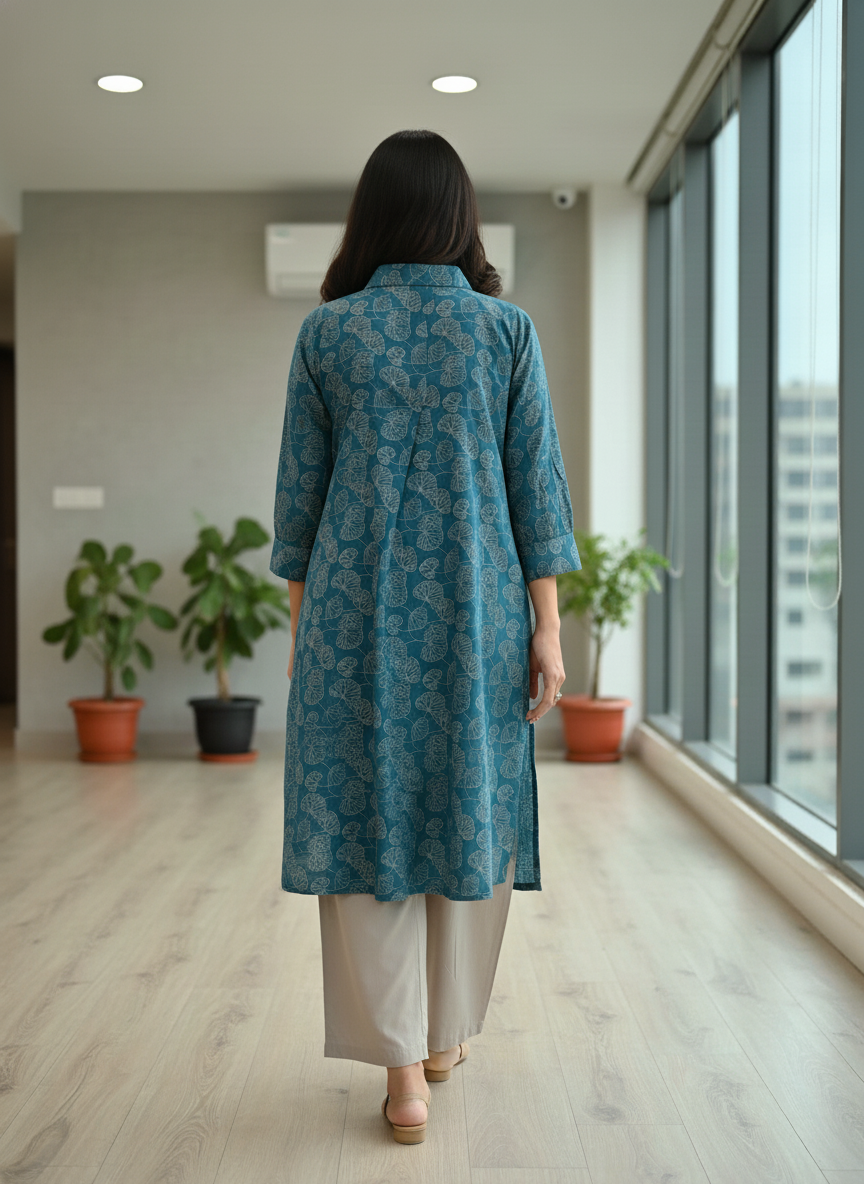 Lily Teal Viscose Kurta Set with Botanical Floral Print and Shirt Collar Neck