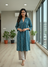Lily Teal Viscose Kurta Set with Botanical Floral Print and Shirt Collar Neck