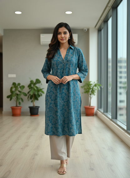Lily Teal Viscose Kurta Set with Botanical Floral Print and Shirt Collar Neck