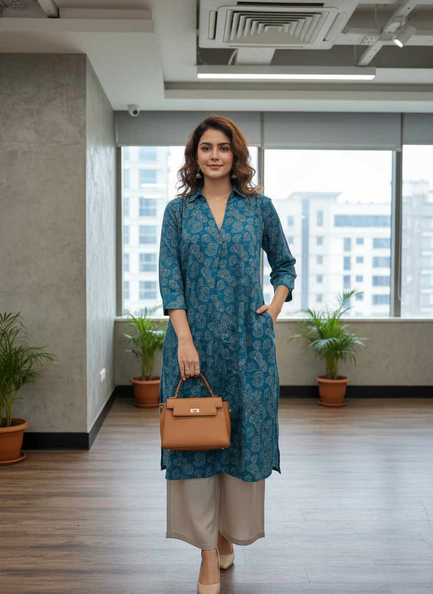 Lily Teal Viscose Kurta Set with Botanical Floral Print and Shirt Collar Neck