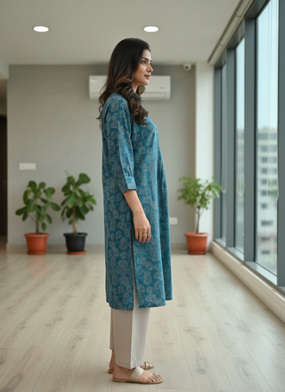 Lily Teal Viscose Kurta Set with Botanical Floral Print and Shirt Collar Neck