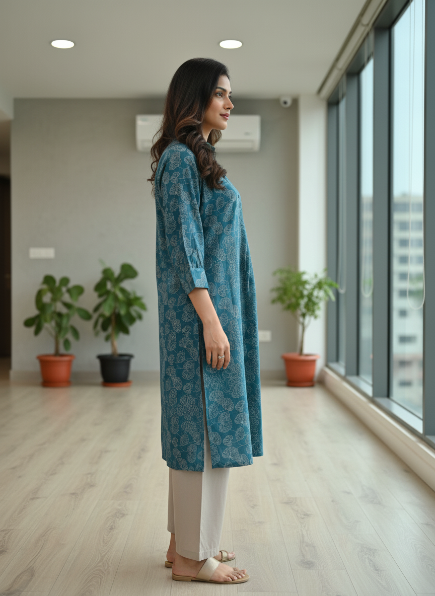 Lily Teal Viscose Kurta Set with Botanical Floral Print and Shirt Collar Neck