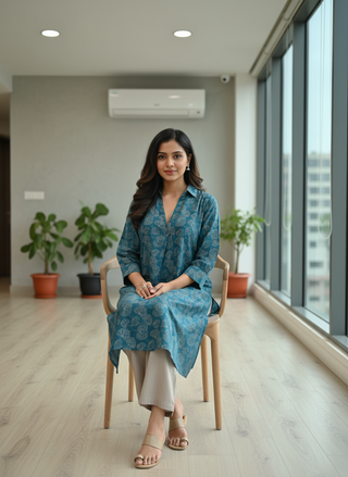 Lily Teal Viscose Kurta Set with Botanical Floral Print and Shirt Collar Neck