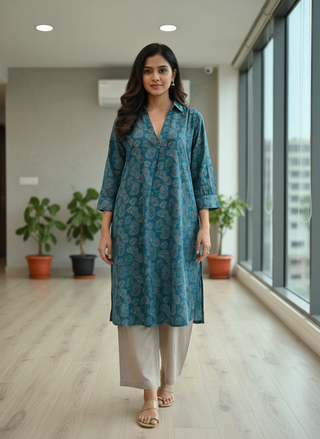 Lily Teal Viscose Kurta Set with Botanical Floral Print and Shirt Collar Neck