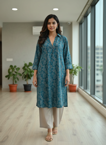 Lily Teal Viscose Kurta Set with Botanical Floral Print and Shirt Collar Neck