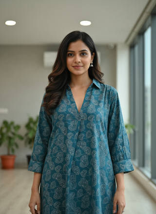 Lily Teal Viscose Kurta Set with Botanical Floral Print and Shirt Collar Neck