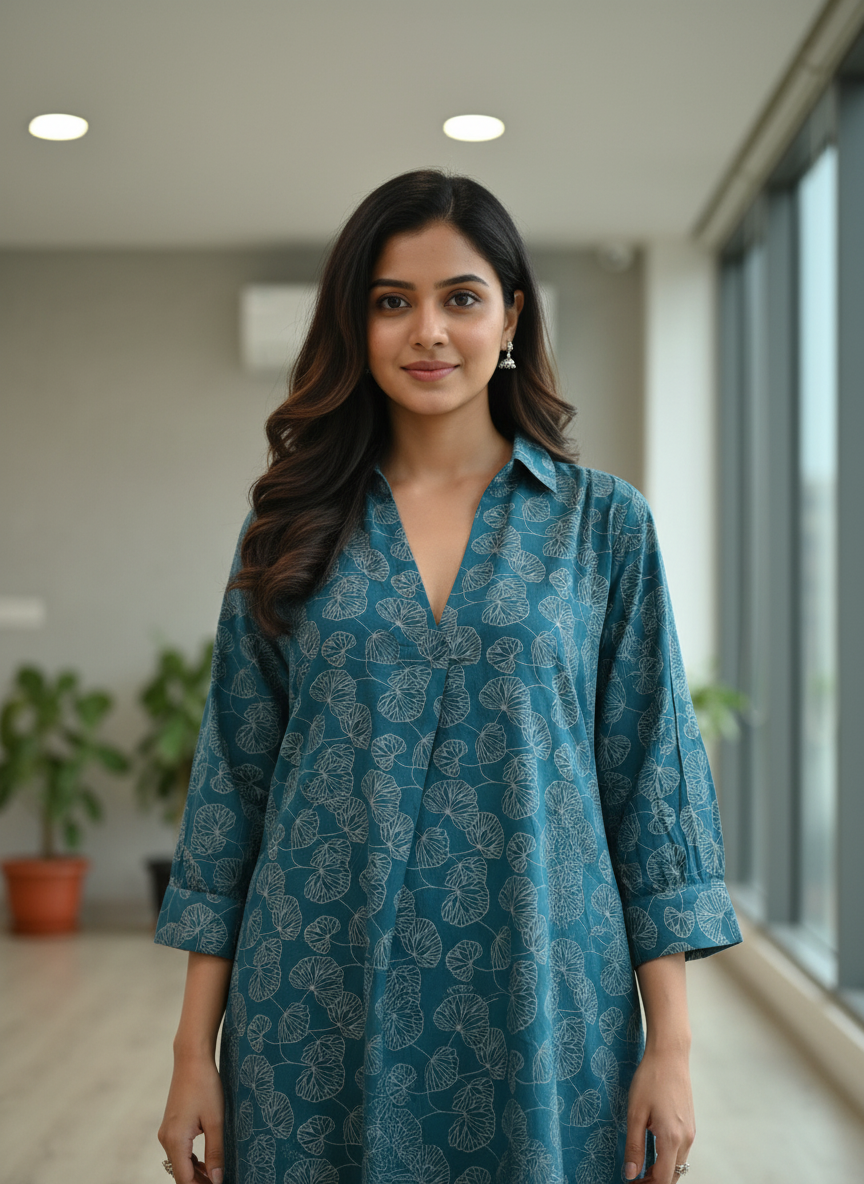 Lily Teal Viscose Kurta Set with Botanical Floral Print and Shirt Collar Neck