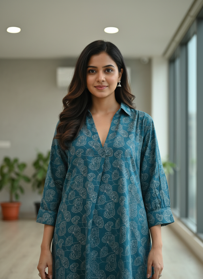 Lily Teal Viscose Kurta Set with Botanical Floral Print and Shirt Collar Neck