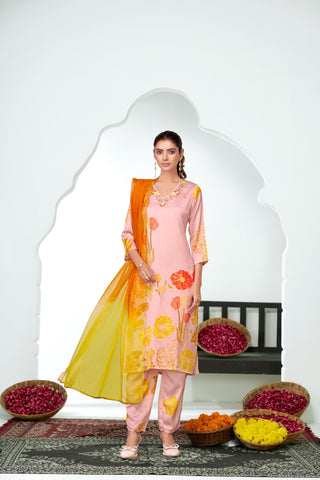 Malaika Pink Floral Printed Kurta Set with Handcrafted Sequin & Glass Bugle Floral Neck Embellishment in Satin Silk with Cotton Mul Lining and Dupatta