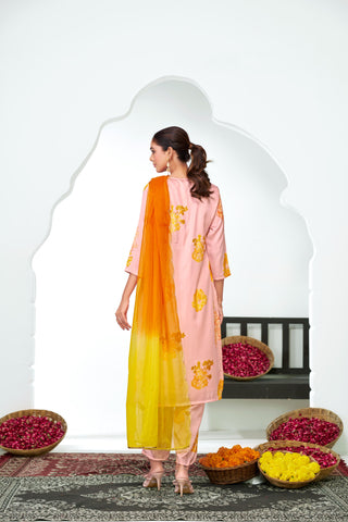 Malaika Pink Floral Printed Kurta Set with Handcrafted Sequin & Glass Bugle Floral Neck Embellishment in Satin Silk with Cotton Mul Lining and Dupatta