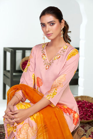 Malaika Pink Floral Printed Kurta Set with Handcrafted Sequin & Glass Bugle Floral Neck Embellishment in Satin Silk with Cotton Mul Lining and Dupatta