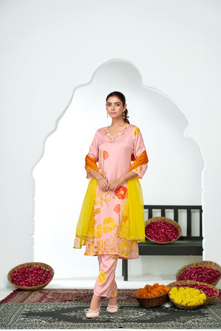 Malaika Pink Floral Printed Kurta Set with Handcrafted Sequin & Glass Bugle Floral Neck Embellishment in Satin Silk with Cotton Mul Lining and Dupatta