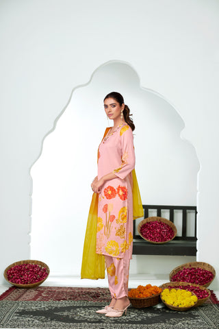 Malaika Pink Floral Printed Kurta Set with Handcrafted Sequin & Glass Bugle Floral Neck Embellishment in Satin Silk with Cotton Mul Lining and Dupatta