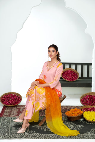 Malaika Pink Floral Printed Kurta Set with Handcrafted Sequin & Glass Bugle Floral Neck Embellishment in Satin Silk with Cotton Mul Lining and Dupatta