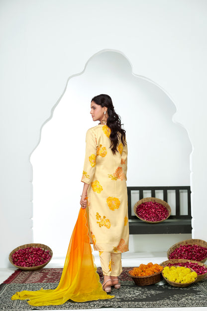 Malaika White Floral Printed Kurta Set with Handcrafted Sequin & Glass Bugle Floral Neck Embellishment in Satin Silk with Cotton Mul Lining and Dupatta