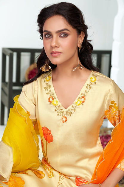 Malaika White Floral Printed Kurta Set with Handcrafted Sequin & Glass Bugle Floral Neck Embellishment in Satin Silk with Cotton Mul Lining and Dupatta