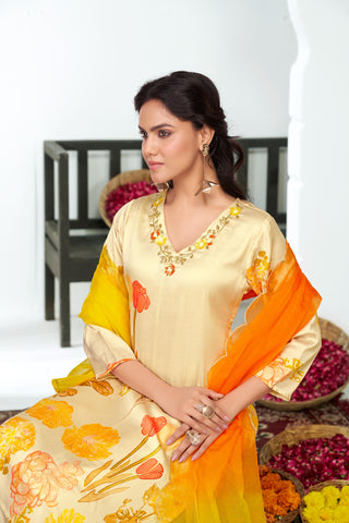 Malaika White Floral Printed Kurta Set with Handcrafted Sequin & Glass Bugle Floral Neck Embellishment in Satin Silk with Cotton Mul Lining and Dupatta