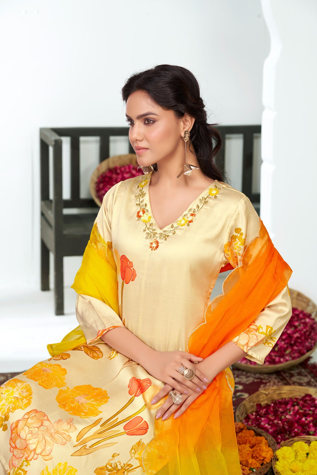 Malaika White Floral Printed Kurta Set with Handcrafted Sequin & Glass Bugle Floral Neck Embellishment in Satin Silk with Cotton Mul Lining and Dupatta