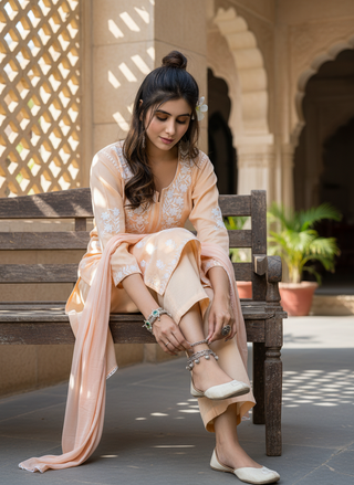 Meher Peach Rayon Kurta Set with Chikankari White Floral Embroidery and Dupatta