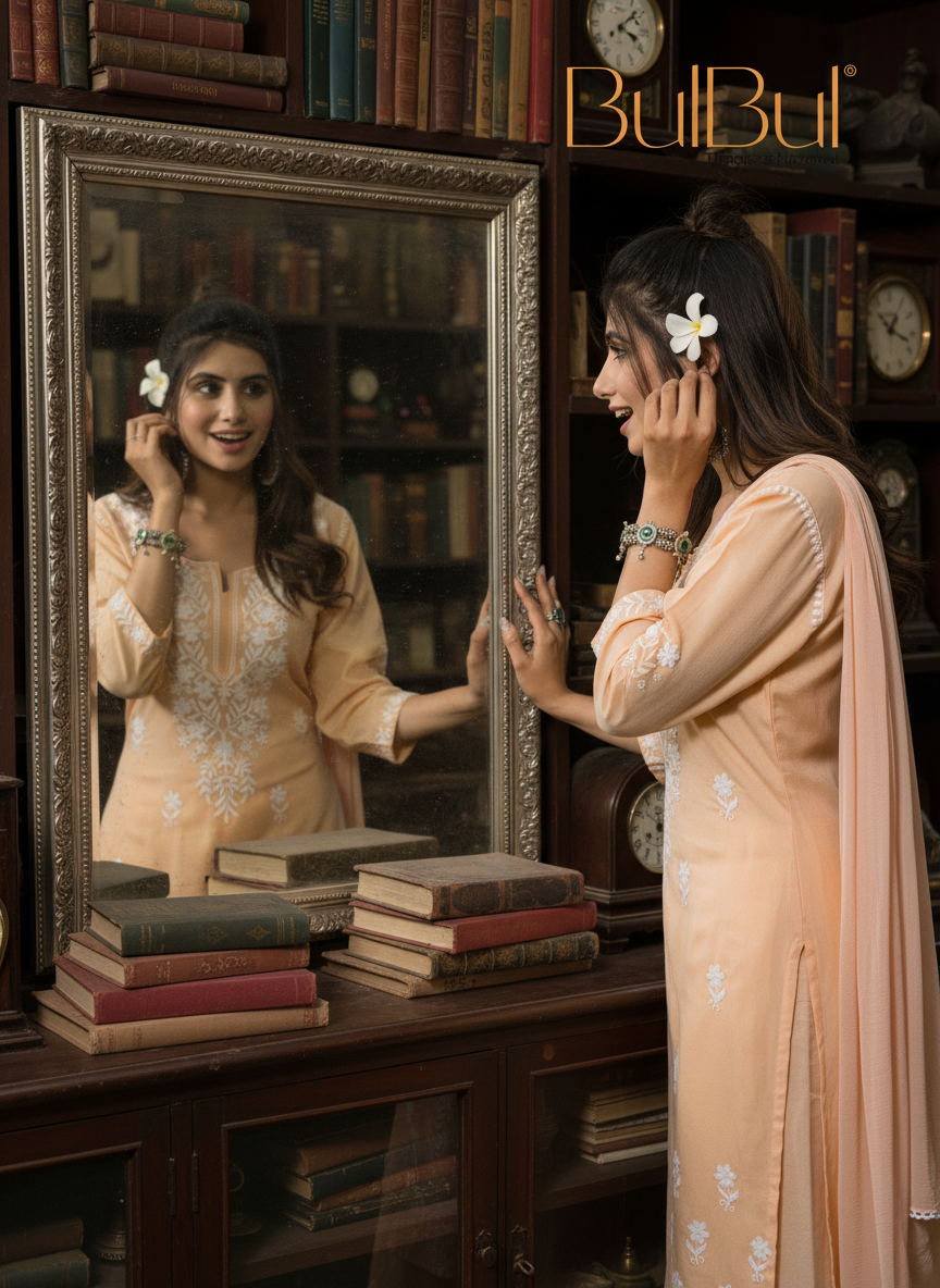 Meher Peach Rayon Kurta Set with Chikankari White Floral Embroidery and Dupatta