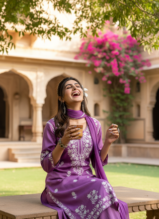 Meher Purple Rayon Kurta Set with Chikankari White Floral Embroidery and Dupatta
