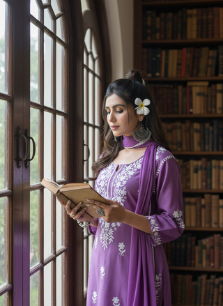 Meher Purple Rayon Kurta Set with Chikankari White Floral Embroidery and Dupatta