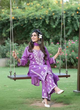 Meher Purple Rayon Kurta Set with Chikankari White Floral Embroidery and Dupatta