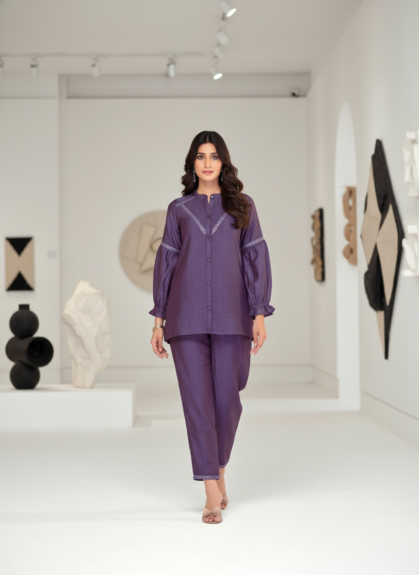 Mahi Purple Viscose Jacquard Co-Ord Set with Hand Sequin & Thread Work Detailing