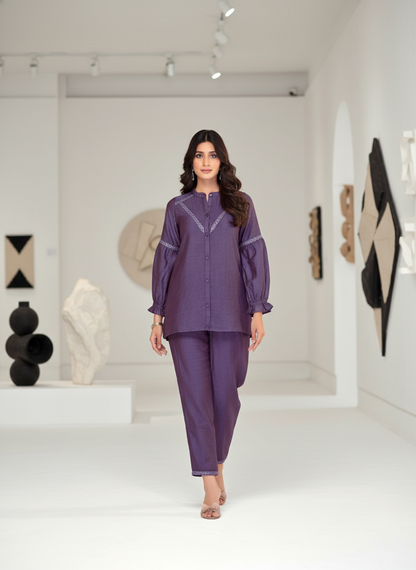 Mahi Purple Viscose Jacquard Co-Ord Set with Hand Sequin & Thread Work Detailing