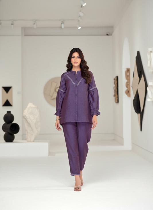 Mahi Purple Viscose Jacquard Co-Ord Set with Hand Sequin & Thread Work Detailing